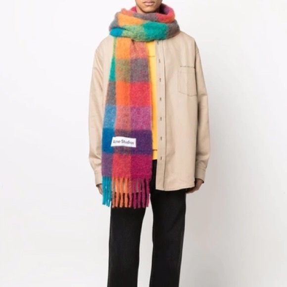 ACNE STUDIOS Vally scarf with fringes fuchsia pink/yellow/blue - Picture 7 of 8